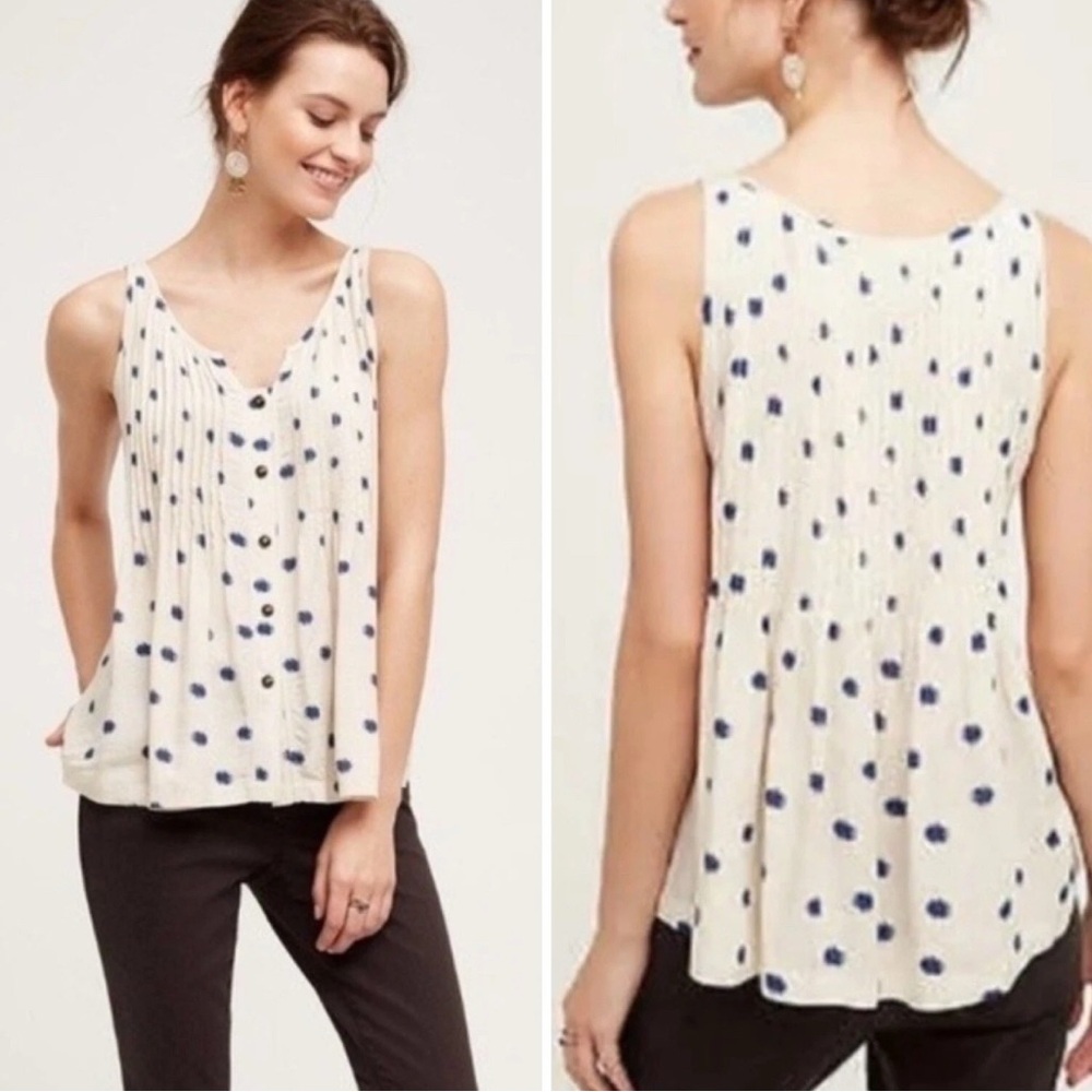 Maeve Anthropologie White and Blue Polka Dot Button Blouse